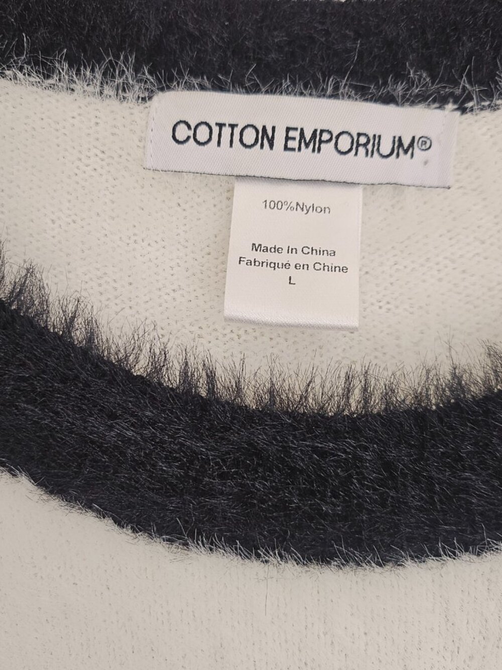 Cotton Emporium Fuzzy Knit Sweater Black White Raglan Soft Top L NWOT - Picture 6 of 10
